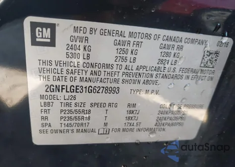 2016 Chevrolet Equinox Ltz z USA, uszkodzony, nr VIN 2GNFLGE31G6278993